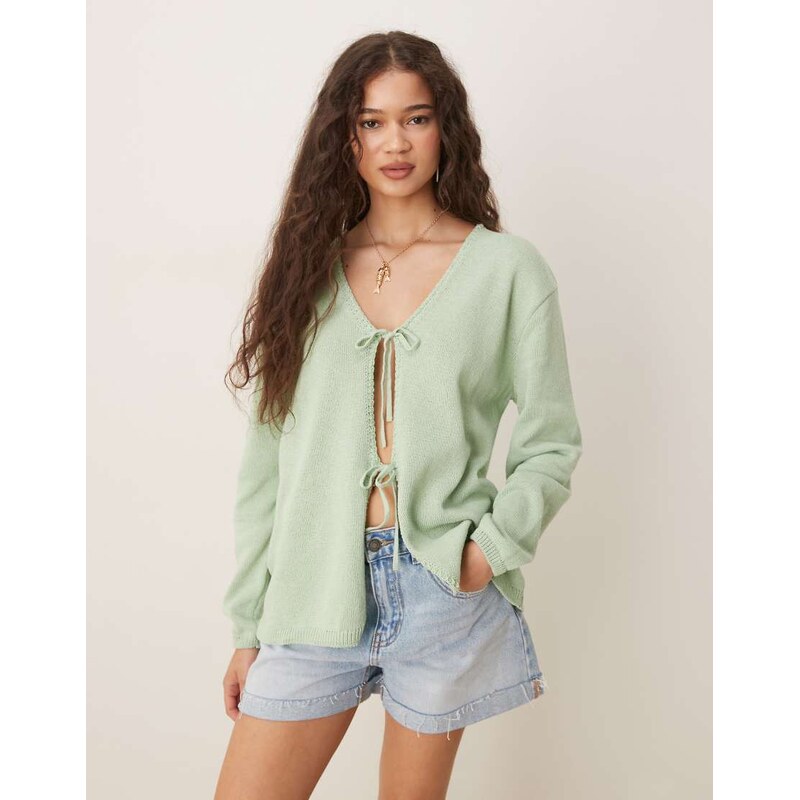 ASOS DESIGN v neck knitted oversized tie front cardigan in pistachio 106524462