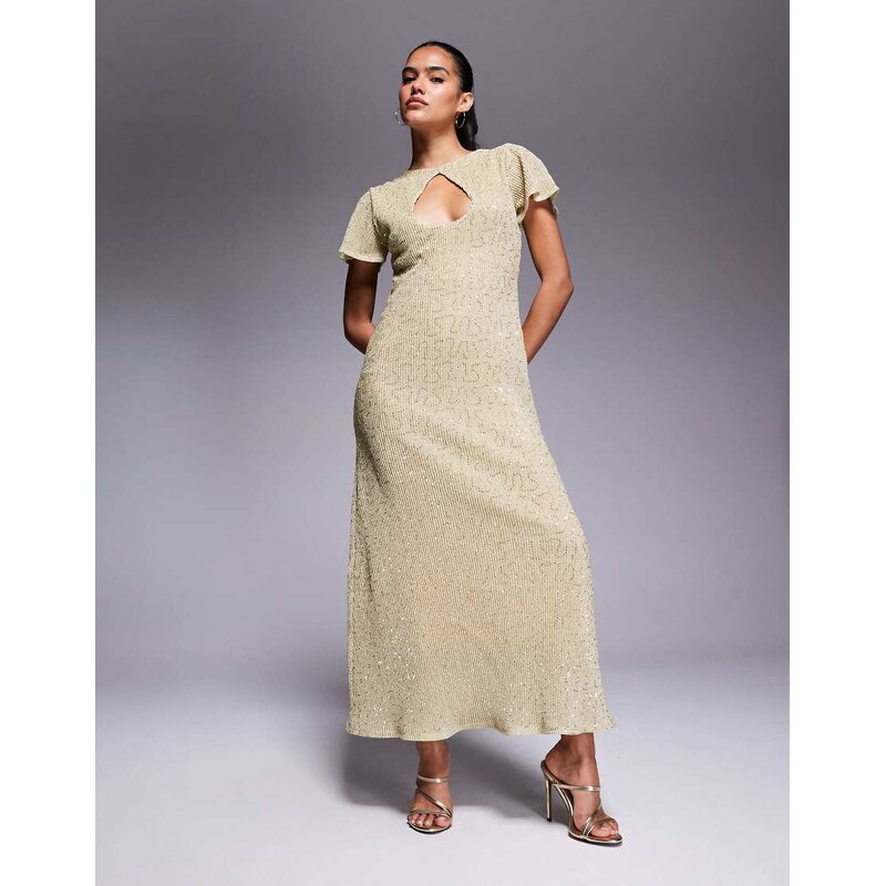 ASOS DESIGN cap sleeve with keyhole maxi dress in gold
