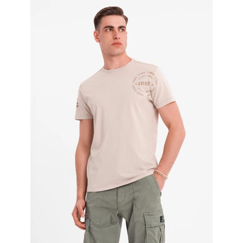 Ombre Clothing Pánské béžové tričko s módním potiskem V1 TSFP