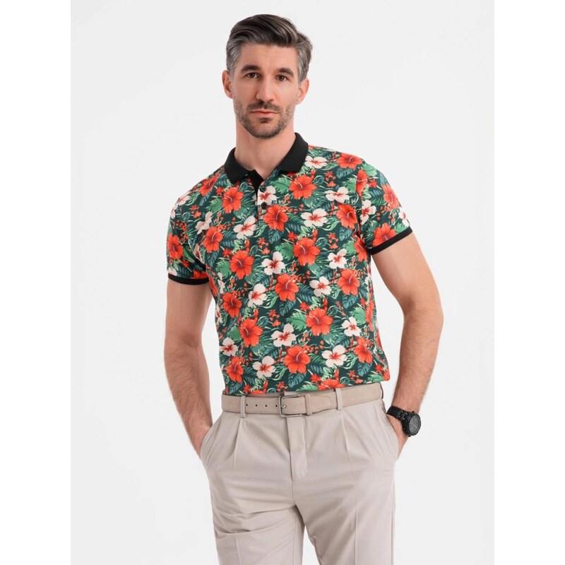 Ombre Clothing Pánská černá polokošile s květinovým potiskem V2