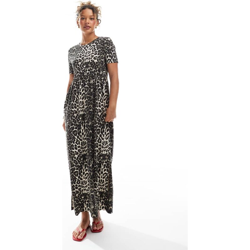 Threadbare short sleeve jersey midi dress with drop waist in leopard 106532432