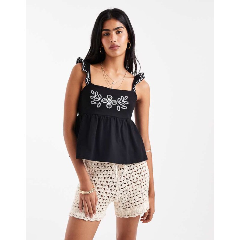 Miss Selfridge embroidered frill detail cami top-Black 106532447