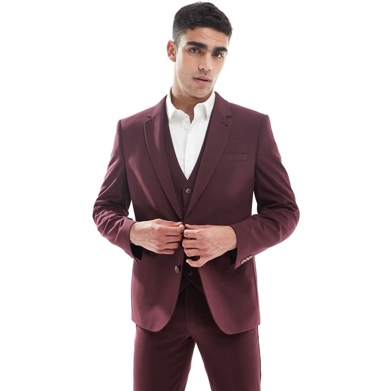 ASOS DESIGN slim suit jacket in burgundy-Brown