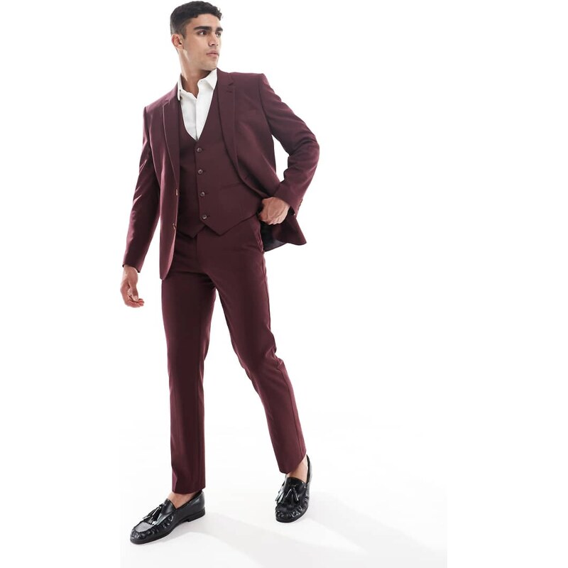 ASOS DESIGN slim suit trousers in burgundy-Brown