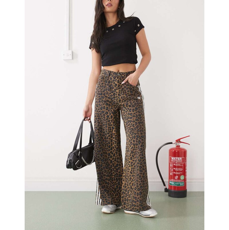 adidas Originals wide leg denim jeans in leopard print-Multi