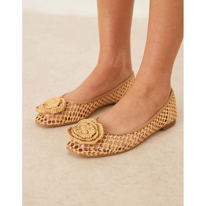 ASOS DESIGN Lilypad weave ballet with crochet flower-Neutral 106532476