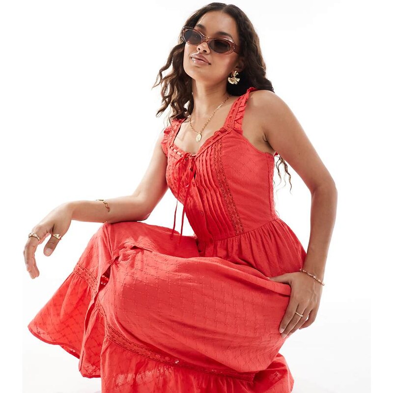 Miss Selfridge Petite broderie milkmaid maxi dress in red 106624496