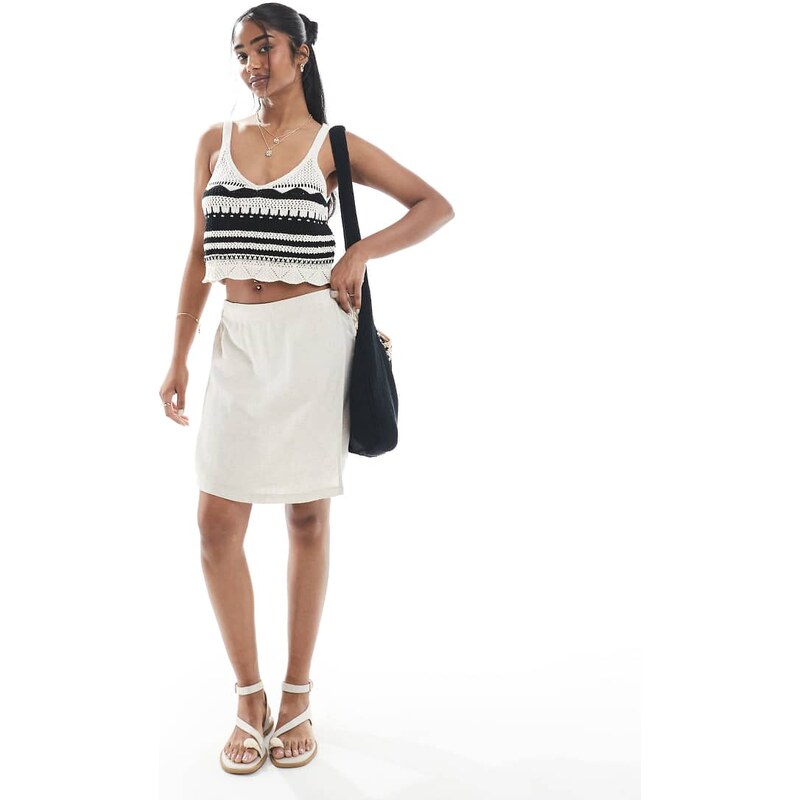 Pieces linen touch mini skirt in birch cream-Black