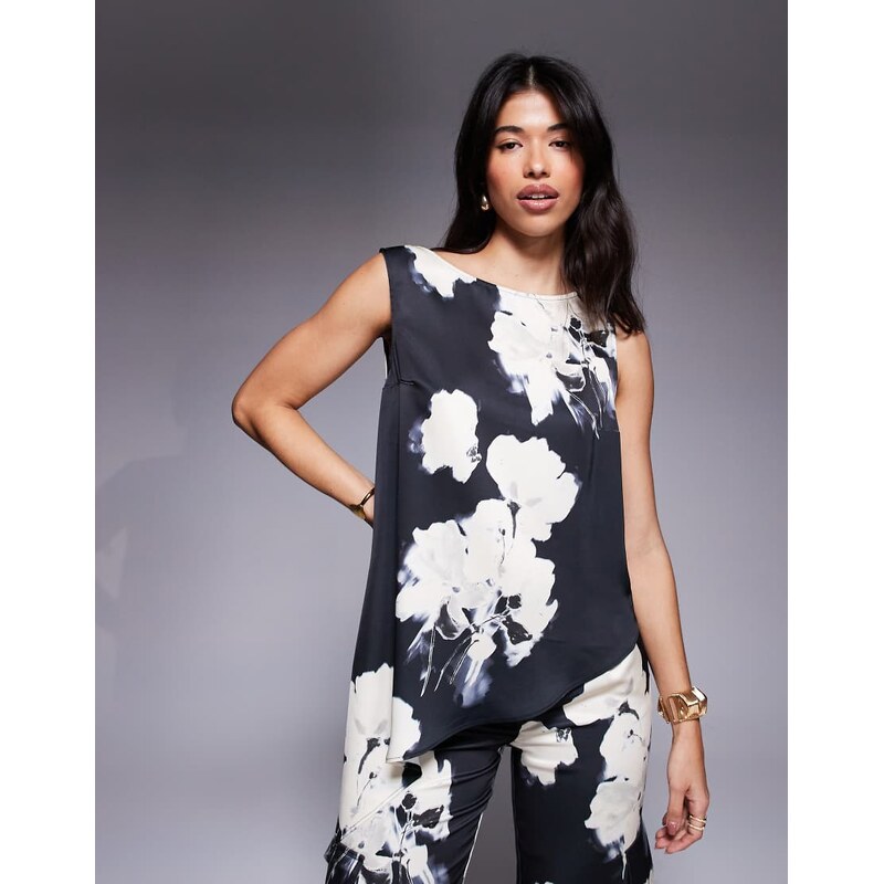 ASOS DESIGN tailored satin asymmetric drape top co-ord in floral