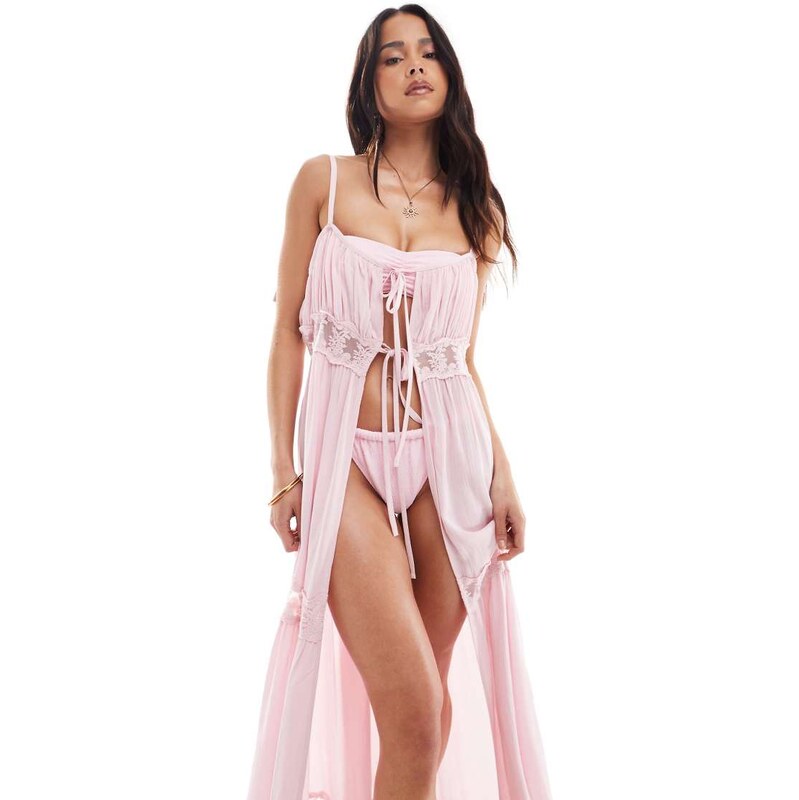 Miss Selfridge beach lace trim tie front maxi cover up in soft pink 106606164