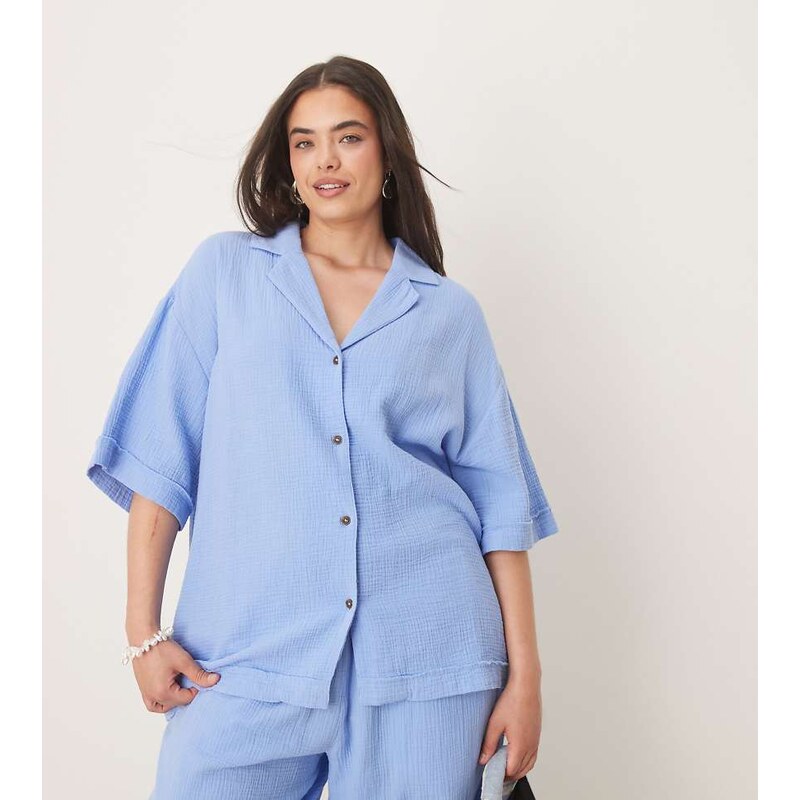 ASOS Curve ASOS DESIGN Curve cheesecloth shirt co-ord in blue 115511718