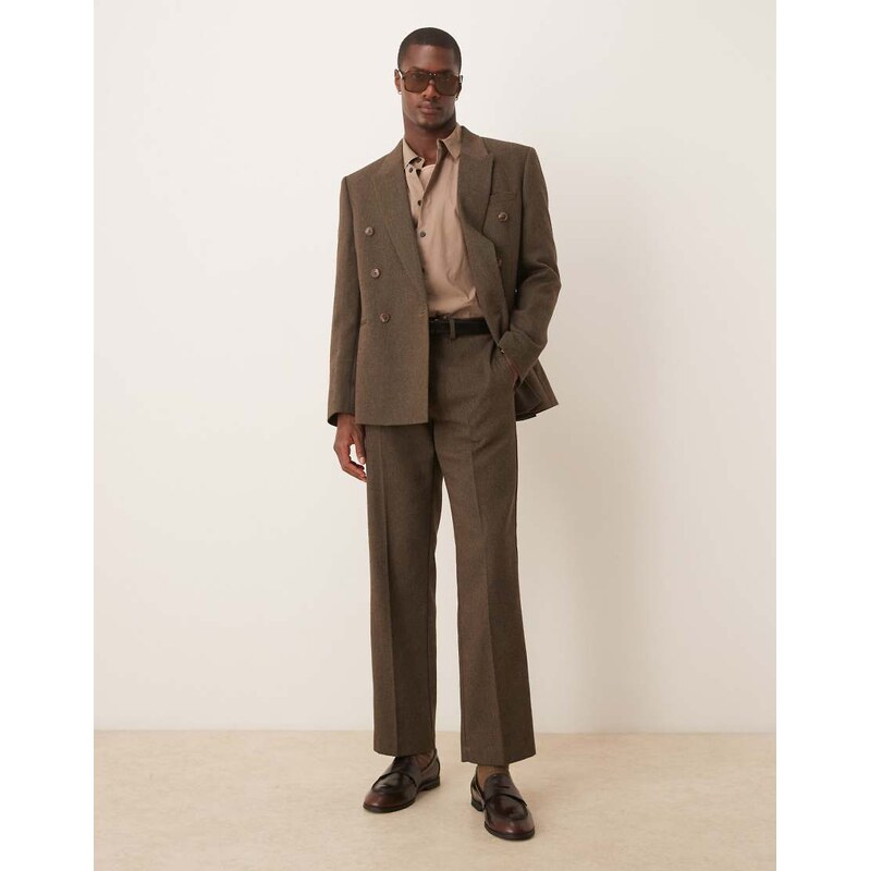 ASOS DESIGN straight leg herringbone suit trousers in brown wool