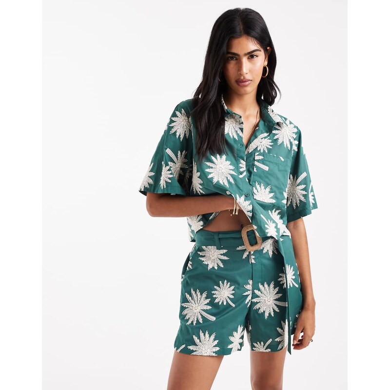 ASOS DESIGN runner shorts with embroidery and belt detail co-ord