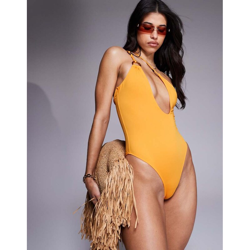 ASOS DESIGN Rita asymmetric strap swimsuit with ring detail-Orange 106818463