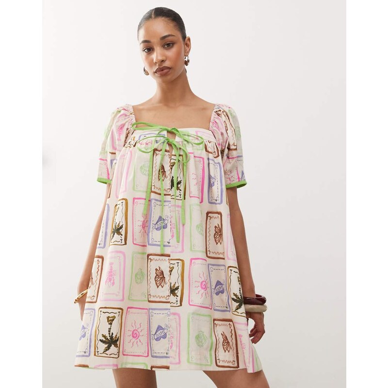 Reclaimed Vintage mini smock dress in bright postcard print with 106871170