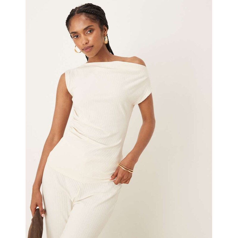 Vila ruching detail ribbed top co-ord in cream-White 106532684