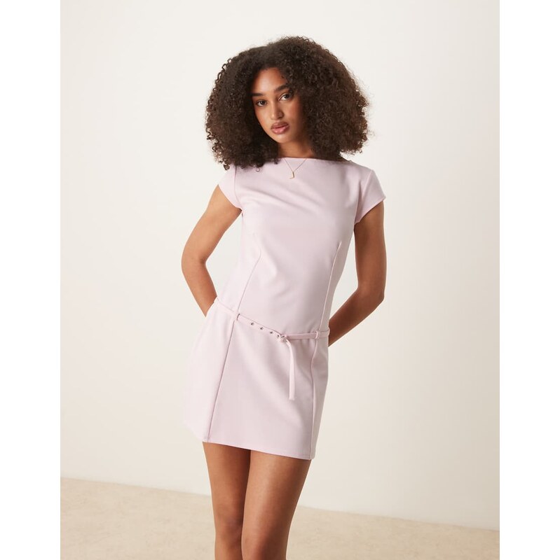 Mango slash neck short sleeve mini dress with micro belt waist