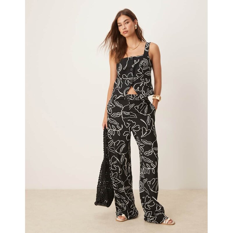 Mango co-ord linen mix mono sketch print trouser in black 106532748