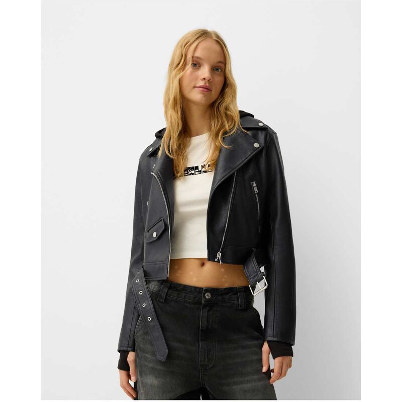 Bershka faux leather biker jacket in black