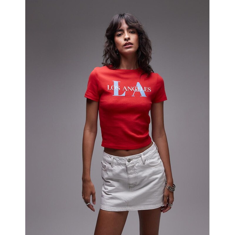 Topshop graphic Los Angeles puff print baby tee in red 115545622