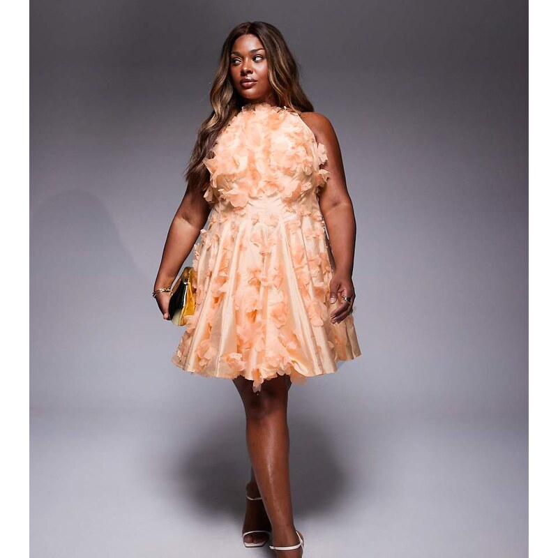 ASOS LUXE Curve 3D floral halter mini skater dress in apricot-Orange 106534423