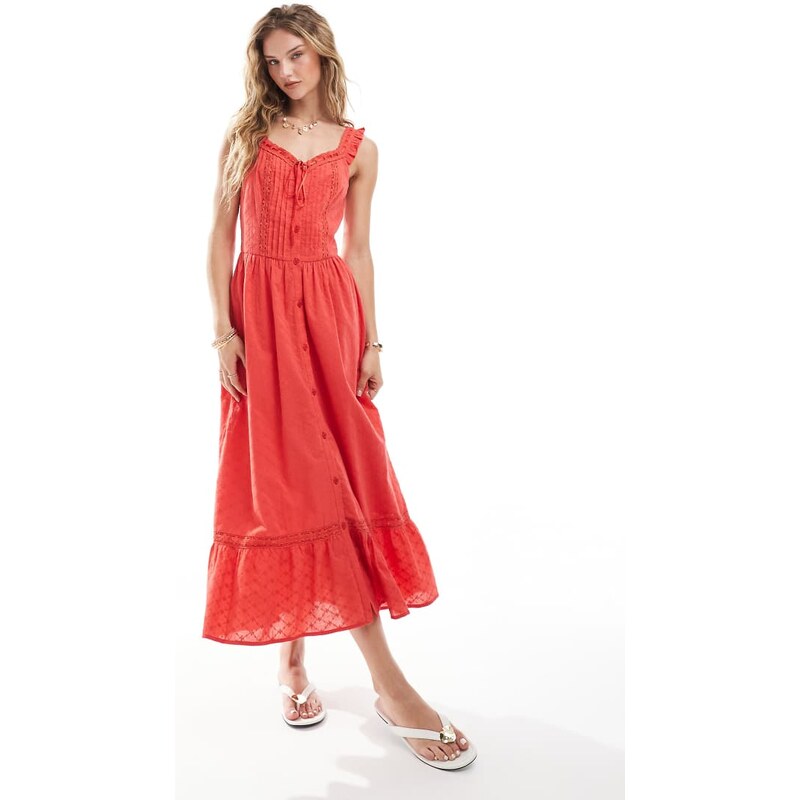 Miss Selfridge broderie milkmaid maxi dress in red