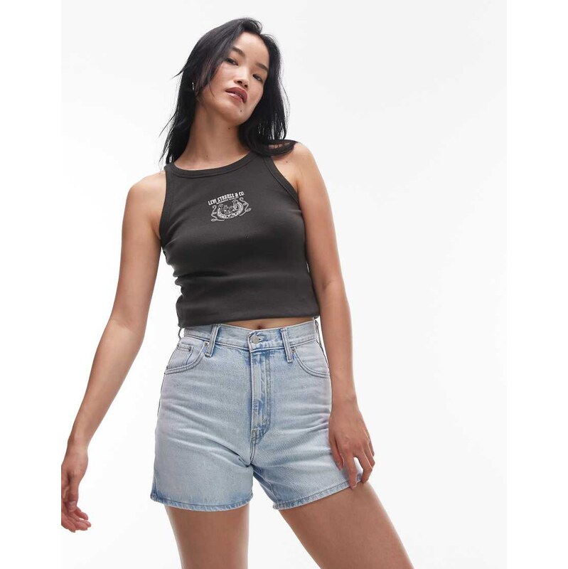 Levis cinch waist mid-thigh denim shorts in light wash-Blue