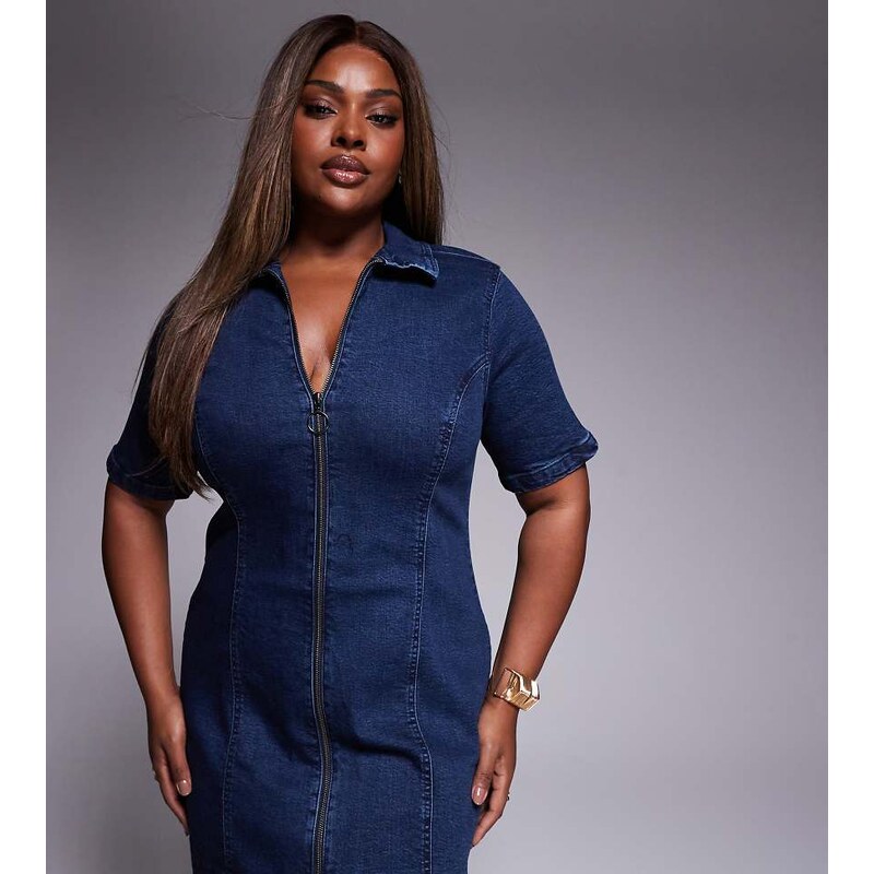ASOS Curve ASOS DESIGN Curve denim short sleeve mini dress with zip 106534516