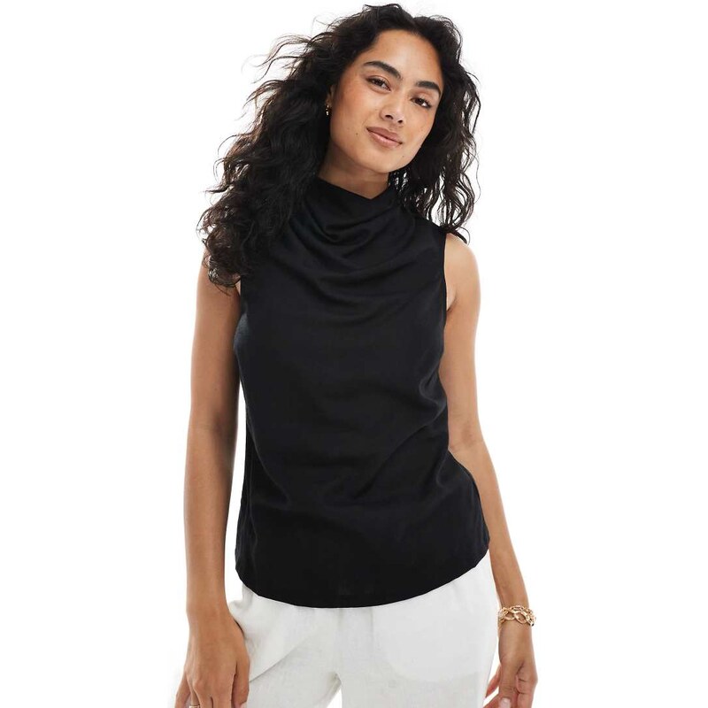 ASOS DESIGN cowl neck sleeveless top in linen blend in black