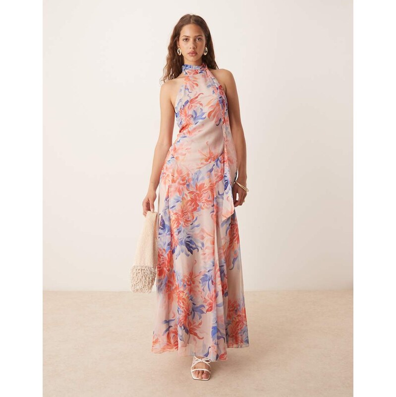 ASOS DESIGN chiffon halter dropped waist maxi dress in pink blue