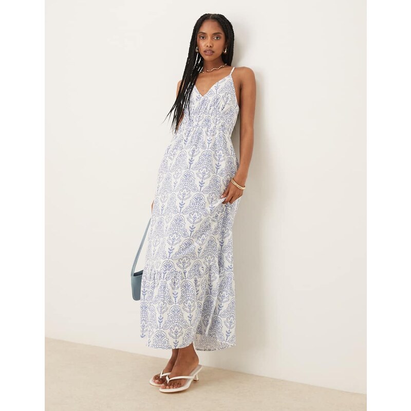YAS cross back cami maxi dress in blue and white tile print 106534641