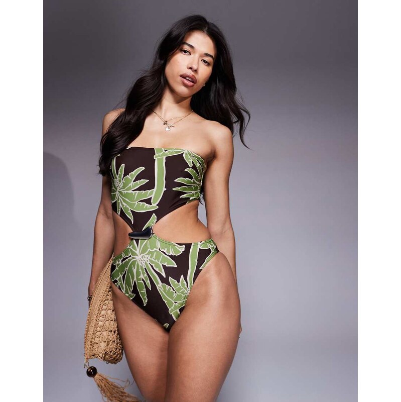 ASOS DESIGN Vida bandeau swimsuit with hardware in palm print-Multi 110923058
