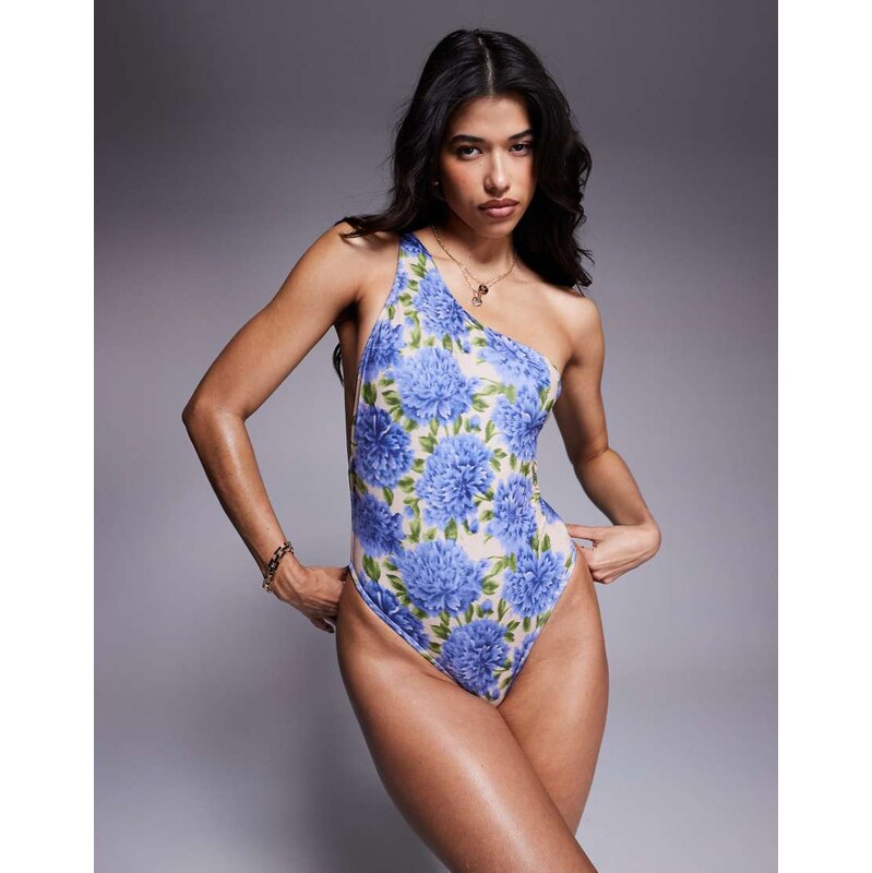 ASOS DESIGN Hera assymetric swimsuit in floral-Blue 113261718