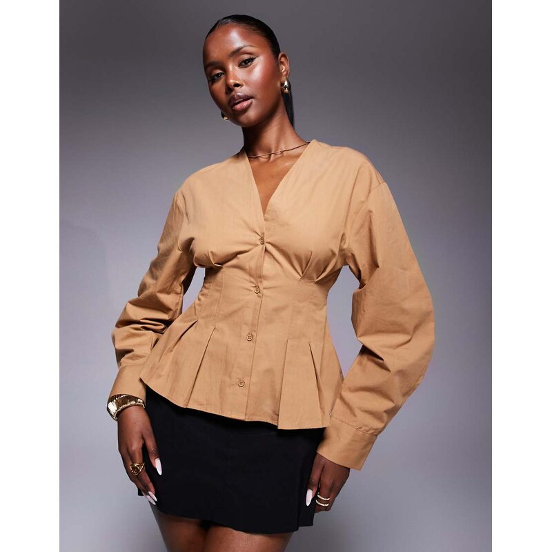 ASOS DESIGN pleat detail long sleeve structured shirt in mocha