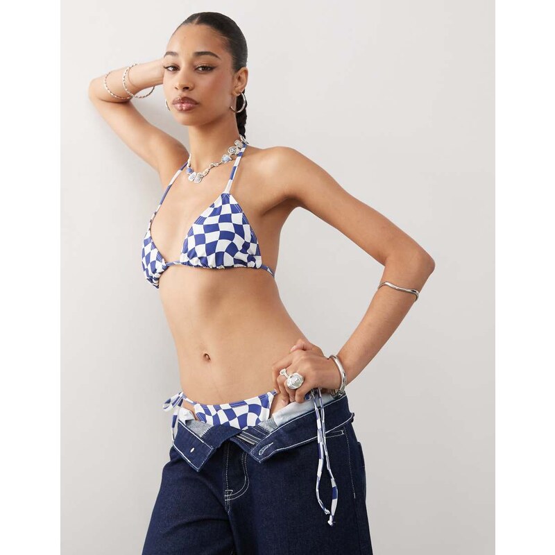 COLLUSION checkerboard bikini top in blue 106534655