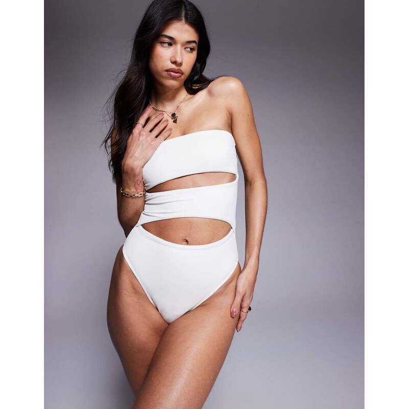 ASOS DESIGN panelled bandeau swimsuit with cut outs in cream-Neutral 106534693