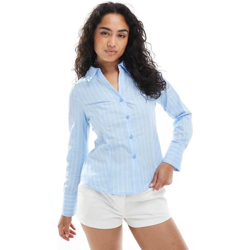 MIss Selfridge poplin fitted shirt in blue pinstripe 115524737