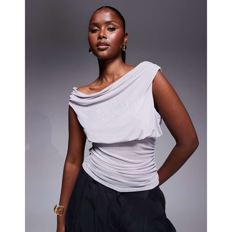 ASOS DESIGN mesh cinch waist top in grey