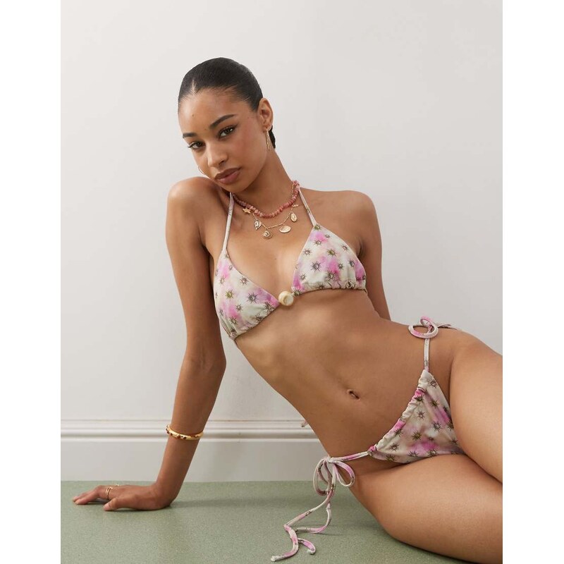 COLLUSION abstract print tie side bikini top in pink 106540781