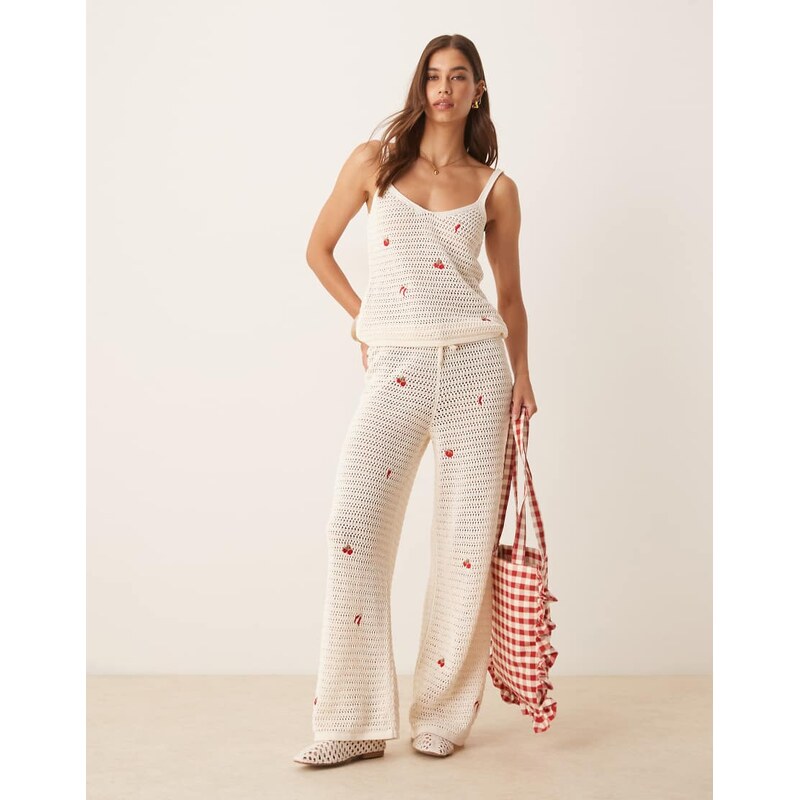 ASOS DESIGN knitted trouser with fruit embroidery in ecru-Multi 106540871