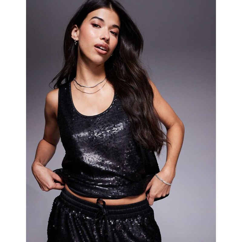 ASOS DESIGN tailored sequin sleeveless co-ord top in black-Gold 106585317