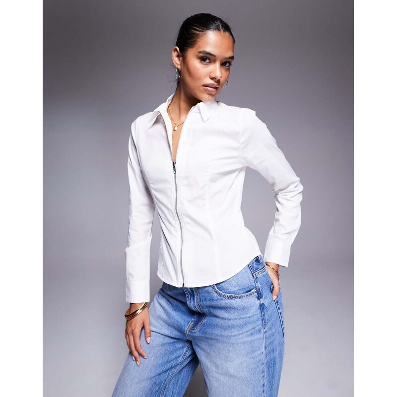 ASOS DESIGN slim fitted zip up shirt in white