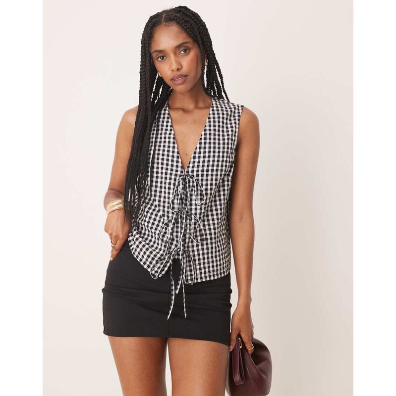 Nobodys Child Tessa tie detail sleeveless top in mono check