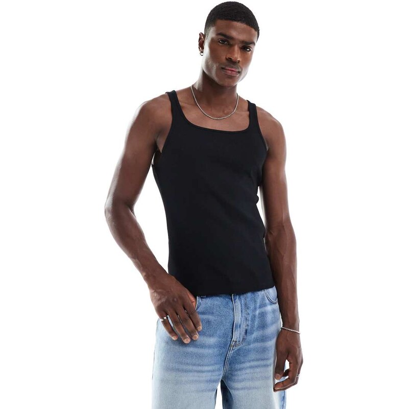 ASOS DESIGN Essentials muscle fit vest with square neck in black rib