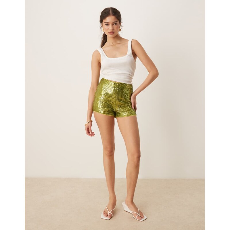 ASOS DESIGN sequin hot pant short in olive green