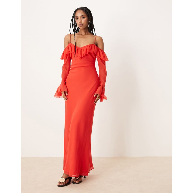 ASOS DESIGN cold shoulder frill long sleeve maxi dress in red