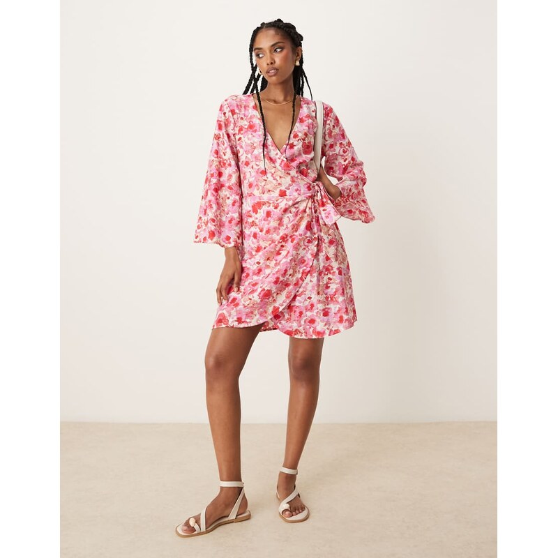 JDY wrap mini dress in pink abstract floral print