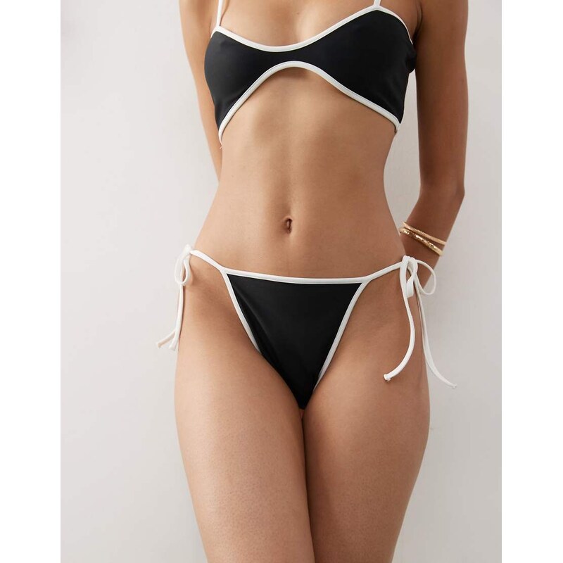 COLLUSION tie side contrast binding bikini bottom in black