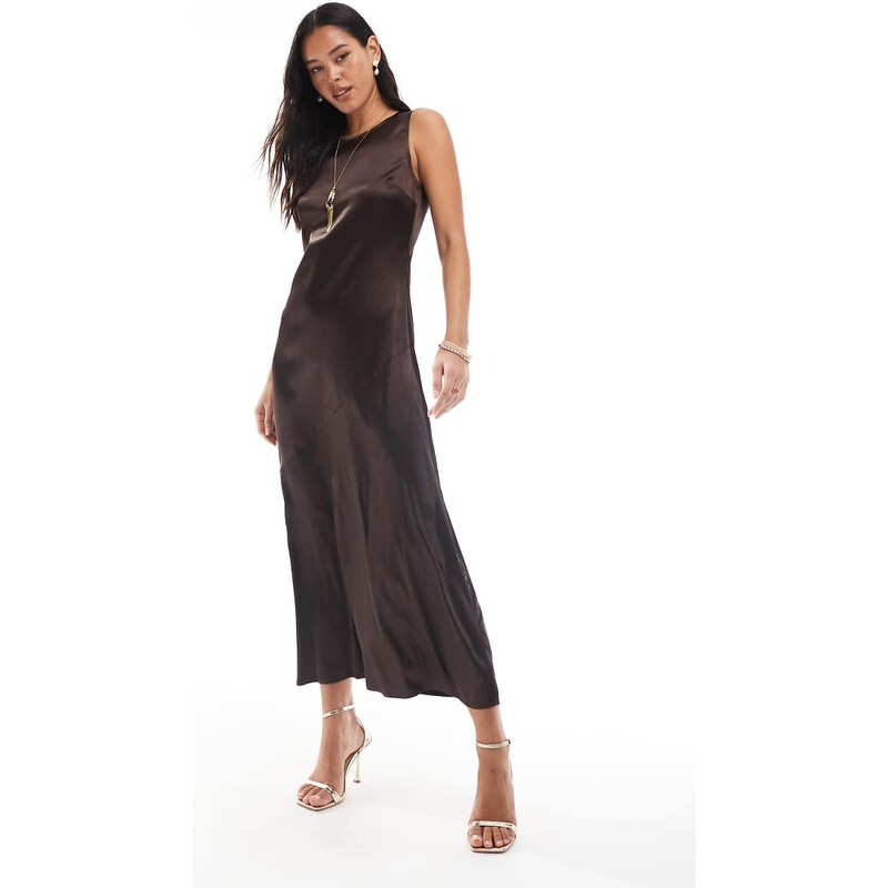 Object high neck textured satin maxi dress in chocolate-Brown 106540774