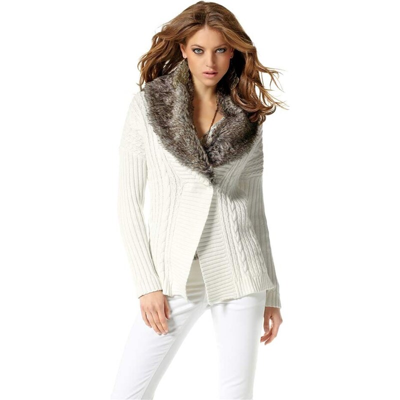 Pletený svetr s kožešinovým límcem, Laura Scott 36/38 režná (ecru)